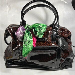 Longchamp Black and Brown Satchel with Colorful Scarf